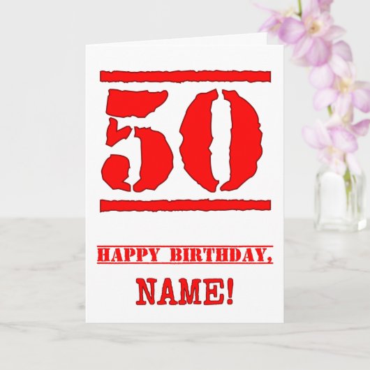 50誕生日:おもしろい、赤ゴムスタンプルックインスパイアス カード (蘭)