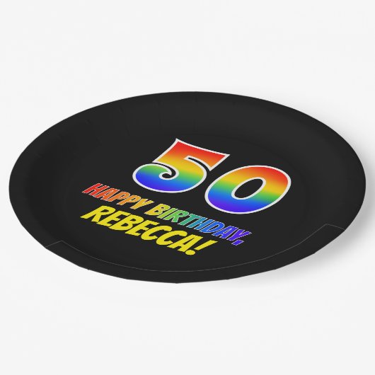 50誕生日:はっきりした,おもしろい,シンプル虹， 50 ペーパープレート (アングル)