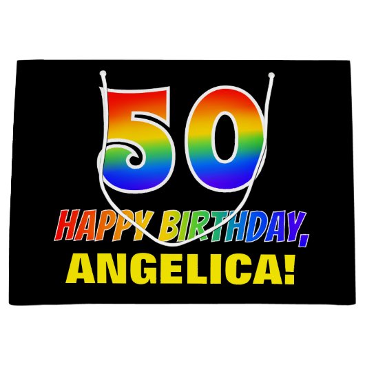 50誕生日:はっきりした,おもしろい,シンプル虹, 50 ラージペーパーバッグ (正面)
