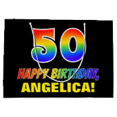 50誕生日:はっきりした,おもしろい,シンプル虹, 50 ラージペーパーバッグ (裏面)