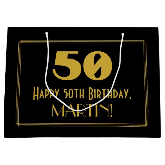 50誕生日— アールデコ刺激を受けたルク「50」と名前 ラージペーパーバッグ (正面)