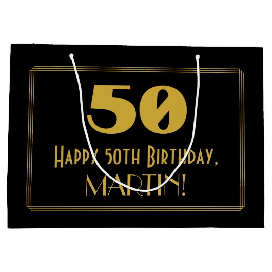 50誕生日— アールデコ刺激を受けたルク「50」と名前 ラージペーパーバッグ (裏面)