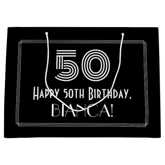 50誕生日— アールデコ刺激を受けたルク「50」と名前 ラージペーパーバッグ (正面)