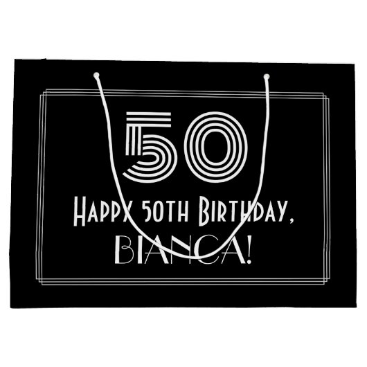 50誕生日— アールデコ刺激を受けたルク「50」と名前 ラージペーパーバッグ (裏面)