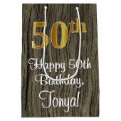 50誕生日:エレガントフェイク金ゴールドルック#,フェイク Wood ミディアムペーパーバッグ (裏面)