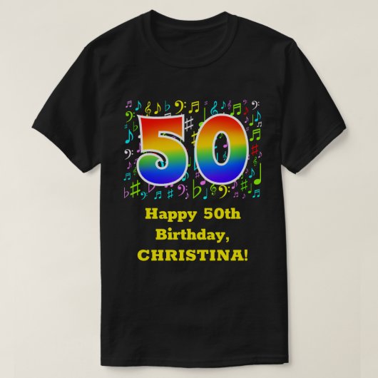 50誕生日:カラフル音楽シンボル、レインボー50 Tシャツ (デザイン正面)