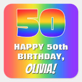 50誕生日: カラフル、おもしろいレインボーパターン# 50 スクエアシール (正面)