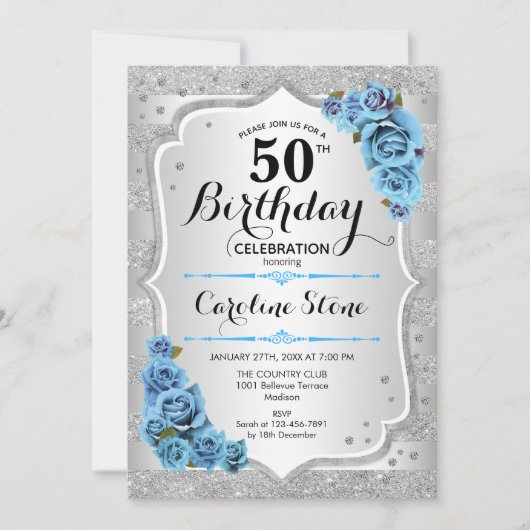 50誕生日 – シルバーストライプバラアイスブルー 招待状 (正面)