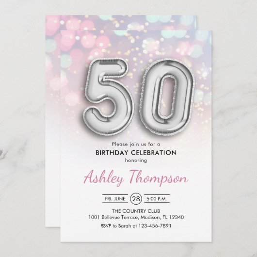 50誕生日 – シルバー風船ピンクライト 招待状 (正面/裏面)