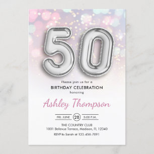 50誕生日 – シルバー風船ピンクライト 招待状