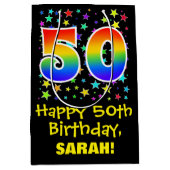 50誕生日:スターカラフルズパターン&レインボー50 ミディアムペーパーバッグ (正面)
