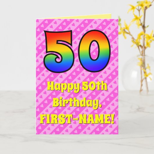 50誕生日:ピンクストライプのハート、レインボー# 50 カード (黄色い花)