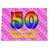 50誕生日:ピンクストライプのハート、レインボー# 50 ラージペーパーバッグ (正面)