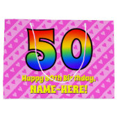 50誕生日:ピンクストライプのハート、レインボー# 50 ラージペーパーバッグ (裏面)