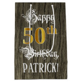 50誕生日:フェイク金ゴールドルック&ウッドフェイクパターン ミディアムペーパーバッグ (裏面)