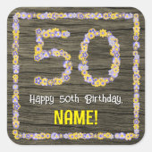 50誕生日:フローラ番号、フェイク木目、名前 スクエアシール (正面)