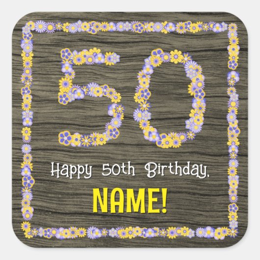 50誕生日:フローラ番号、フェイク木目、名前 スクエアシール (正面)