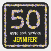 50誕生日:フローラ花数名前をカスタムする スクエアシール (正面)