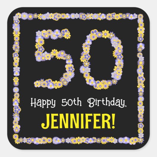 50誕生日:フローラ花数名前をカスタムする スクエアシール (正面)