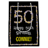 50誕生日:フローラ花数名前をカスタムする ミディアムペーパーバッグ (裏面)