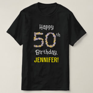 50誕生日:フローラ花数"50" +名前 Tシャツ