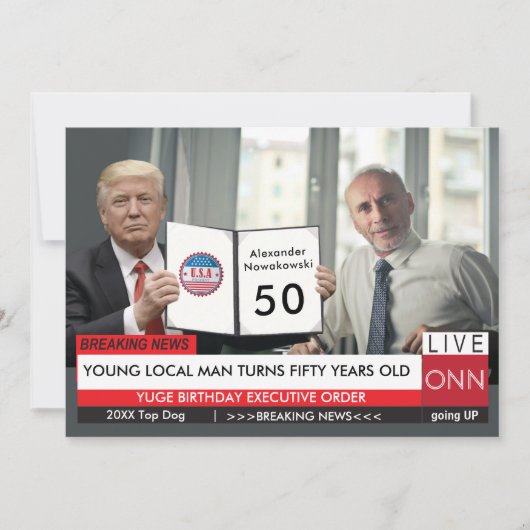 50誕生日🎙️メンズトランプおもしろいテレビニュースカード 招待状 (正面)