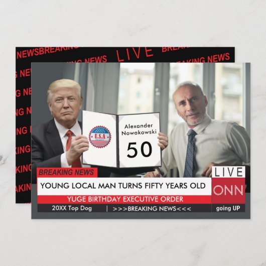 50誕生日🎙️メンズトランプおもしろいテレビニュースカード 招待状 (正面/裏面)