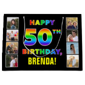 50誕生日：レインボー文字カスタム、写真&名前 ラージペーパーバッグ (正面)