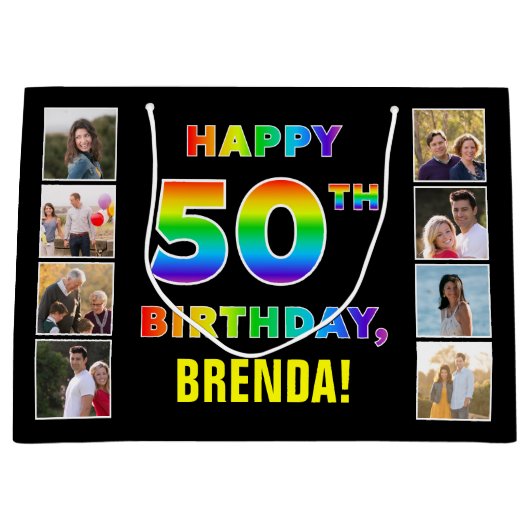 50誕生日：レインボー文字カスタム、写真&名前 ラージペーパーバッグ (正面)