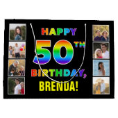 50誕生日：レインボー文字カスタム、写真&名前 ラージペーパーバッグ (裏面)