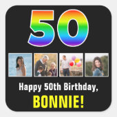 50誕生日:レインボー「50」、写真カスタムと名前 スクエアシール (正面)