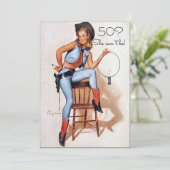 50誕生日、ヴィンテージ、セクシーなピンアップ女性のカーボーイ、 招待状 (スタンド正面)