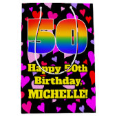 50誕生日：愛するハートパターン、虹# 50 ミディアムペーパーバッグ (正面)