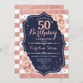 50誕生日 – 海軍バラ金ゴールドと白ストライプ色 招待状 (正面/裏面)