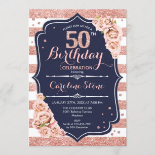 50誕生日 – 海軍バラ金ゴールドと白ストライプ色 招待状