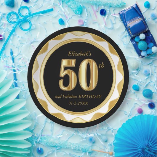 50誕生日/記念日 – ブラック&金ゴールド ペーパープレート (パーティー)