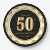 50誕生日/記念日 – ブラック&金ゴールド ペーパープレート (正面)
