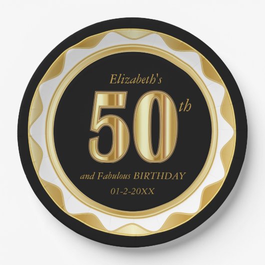 50誕生日/記念日 – ブラック&金ゴールド ペーパープレート (正面)