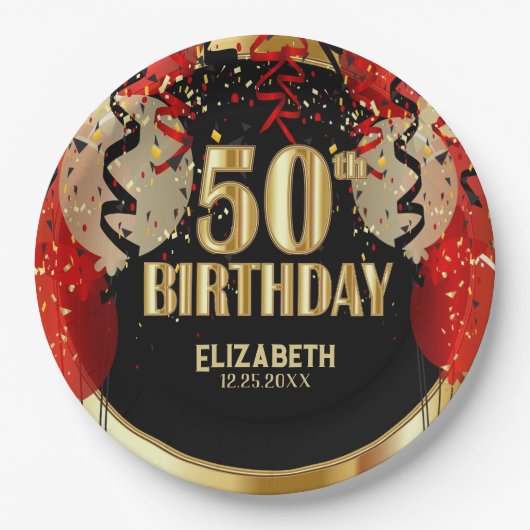 50誕生日 – 赤い風船🎈 ペーパープレート (正面)
