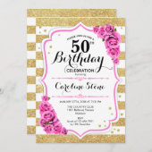 50誕生日-金ゴールドホワイトストライプローズピンク 招待状 (正面/裏面)