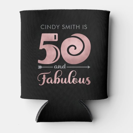 50誕生日- 50と素晴らしいブラック&バラ金ゴールド 缶クーラー (正面)