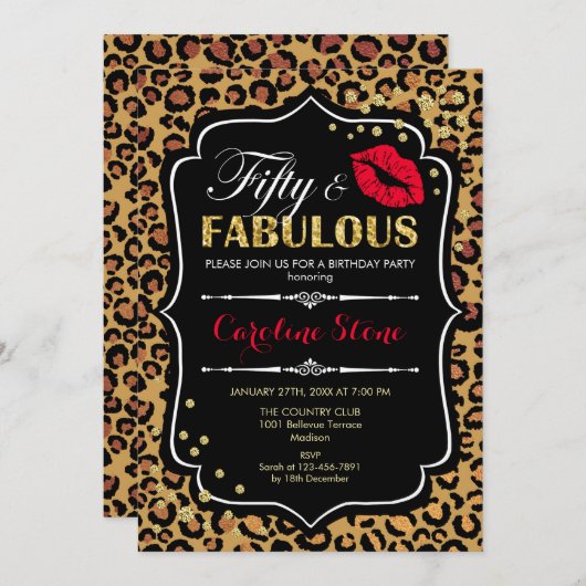 50誕生日- Fifty Faborous Leopard Print 招待状 (正面/裏面)