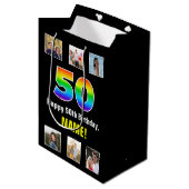 50誕生日: Rainbow "50",写真カスタムと名前 ミディアムペーパーバッグ (正面アングル)
