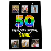 50誕生日: Rainbow "50",写真カスタムと名前 ミディアムペーパーバッグ (裏面)