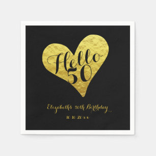 50誕生日Hello 50ブラック  金ゴールドフェイクハート スタンダードカクテルナプキン