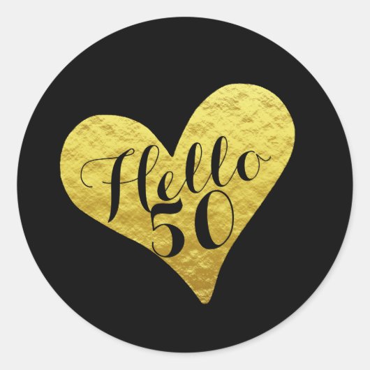 50誕生日Hello 50ブラック |金ゴールドフェイクハート ラウンドシール (正面)