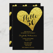 50誕生日Hello 50ブラック |金ゴールドフェイクハート 招待状 (正面/裏面)