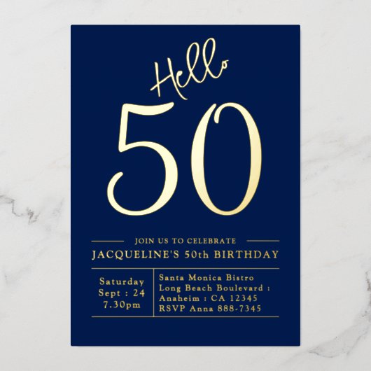 50誕生日Hello 50青金ゴールド 箔招待状 (正面)