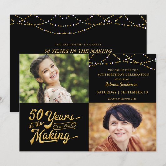 50誕生日Then & Now Photos String Lights 招待状 (正面/裏面)