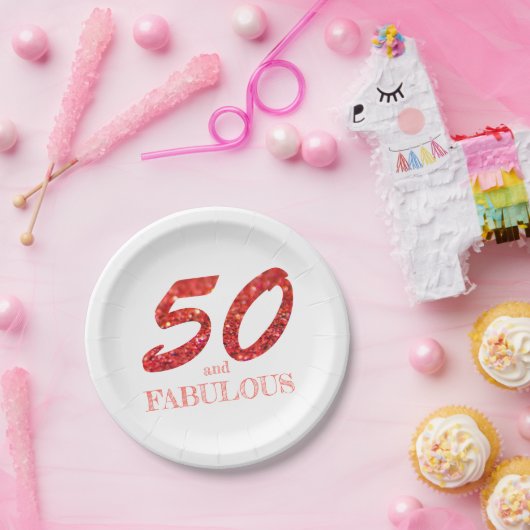 50誕生祝いコーラルグリッタースパークル ペーパープレート (パーティー)